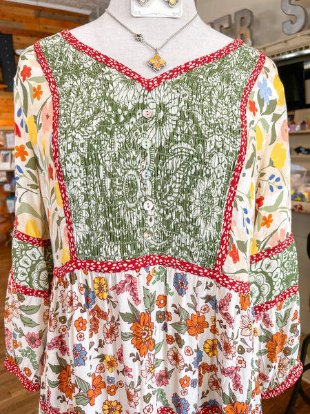 JOHN MARK || JULIETTE MIX PRINT TIERED DRESS WITH SMOCKED PLACKET