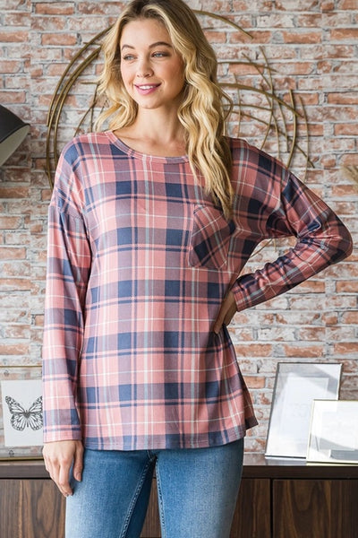 Heidi Long Sleeve Plaid Top with Front Pocket