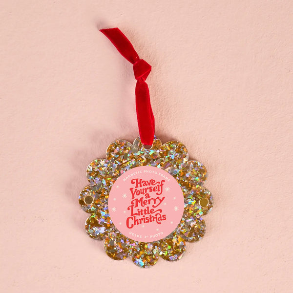 Scalloped Round Picture Frame Ornament || Gold Glitter