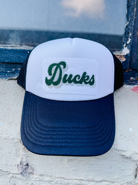 Lucky Spirit Retro Stripe Trucker Hat || Taylor Ducks Emerald on Black / White