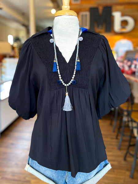 Gayle Bubble Sleeve Top with Front Yoke || Black