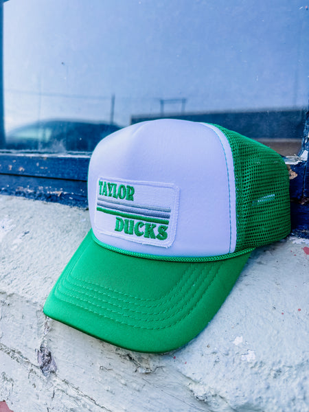 Lucky Spirit Retro Stripe Trucker Hat || Taylor Ducks Kelly Green on Kelly Green / White