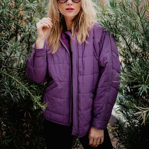 Quilted Squares Zipper Jacket || Purple