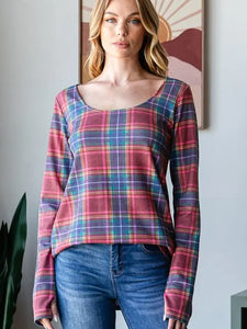 Melissa Navy + Red Plaid Long Sleeve Top with Thumbhole