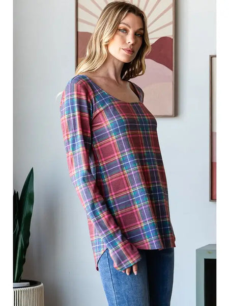 Melissa Navy + Red Plaid Long Sleeve Top with Thumbhole