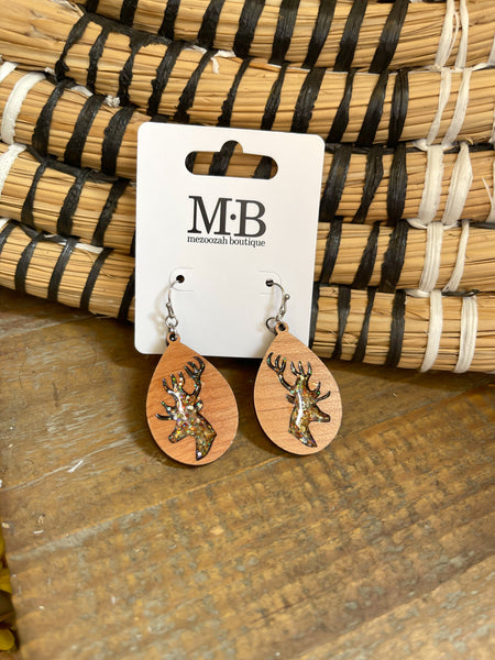 Teardrop Wood + Deer Cutout Earrings || Green + Taupe Glitter