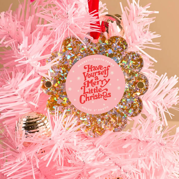 Scalloped Round Picture Frame Ornament || Gold Glitter