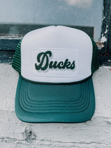 Lucky Spirit Script Trucker Hat || Ducks on Emerald / White