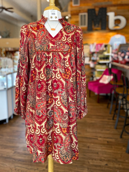 Shelley Boho Mix Paisley Babydoll Dress || Red Mix