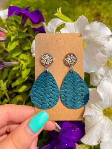 Leopard Stud + Braided Teardrop Earrings || Dark Teal