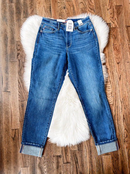 Judy Blue || Jaclyn Mid Rise Boyfriend w/Cuff - Vintage Wash