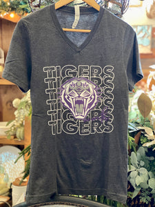 Spirit Mascot Repeat V-neck Tee || Purple Tigers