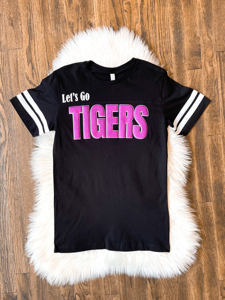 Let's Go Tigers - Black Jersey Tee with Purple Glitter