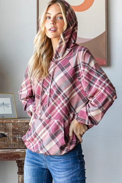 Paula Plaid Long Puff Sleeve Drawstring Hoodie