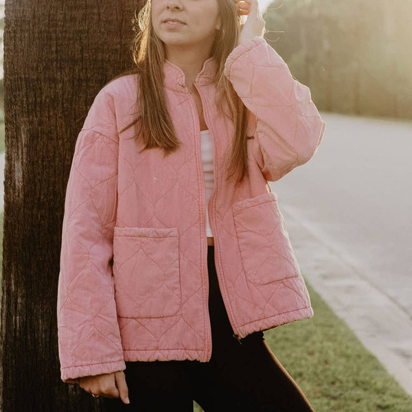 Garment Washed Quilted Jacket Women || Pink