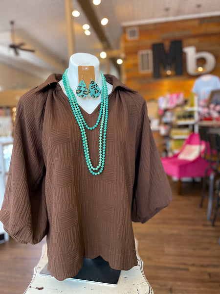 Elaina Brown Textured V-Neck Blouse