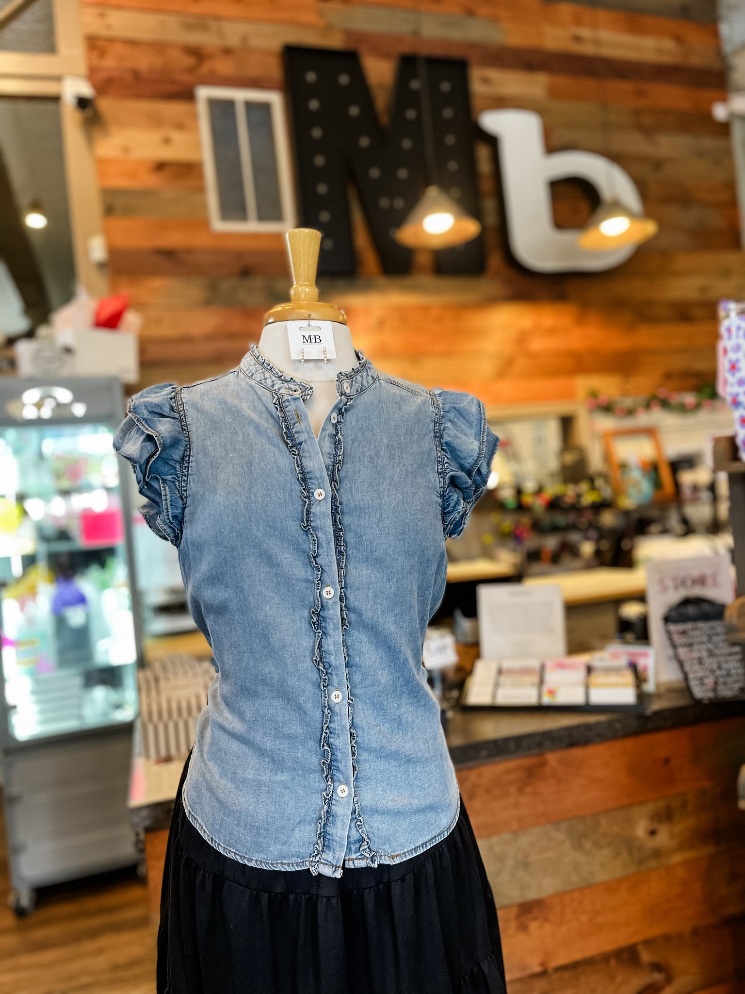 Diana Chambray Blouse with Ruffle Trim