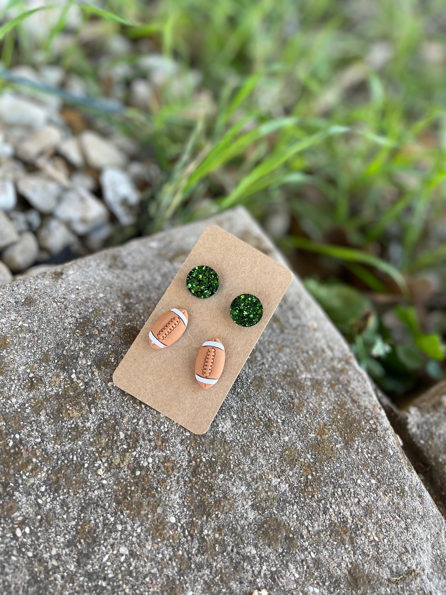 Two Pack Stud Set || Green Circle Studs + Football Studs