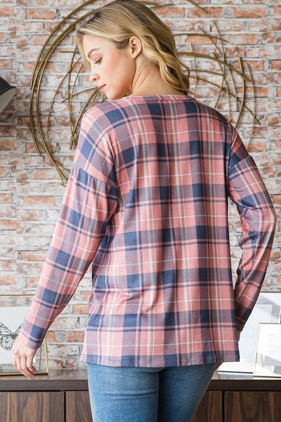 Heidi Long Sleeve Plaid Top with Front Pocket