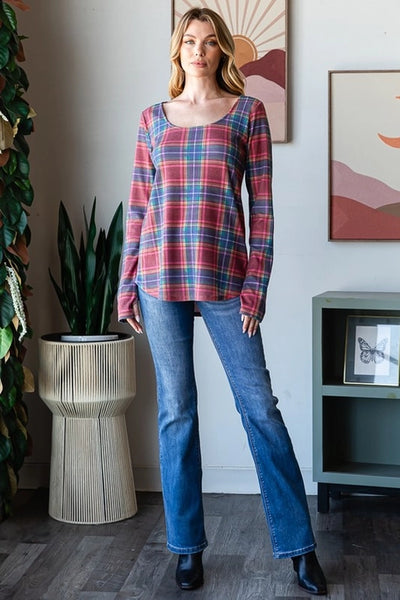 Melissa Navy + Red Plaid Long Sleeve Top with Thumbhole