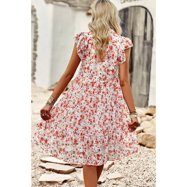 Floral Print V Neck Color Block Ruffle Puff Sleeve Dress