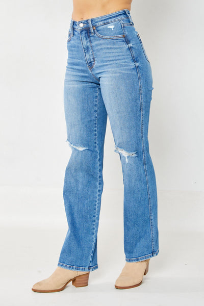 Judy Blue || Avery High Waist Tummy Control Knee Destroy Straight Jeans