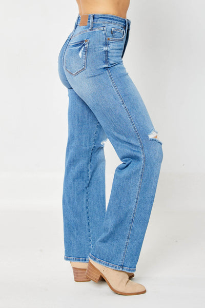 Judy Blue || Avery High Waist Tummy Control Knee Destroy Straight Jeans