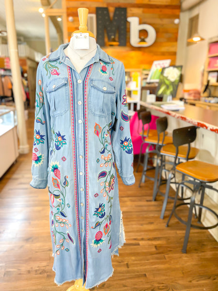JOHN MARK || Maddie Denim Button Front Dress with Embroidery