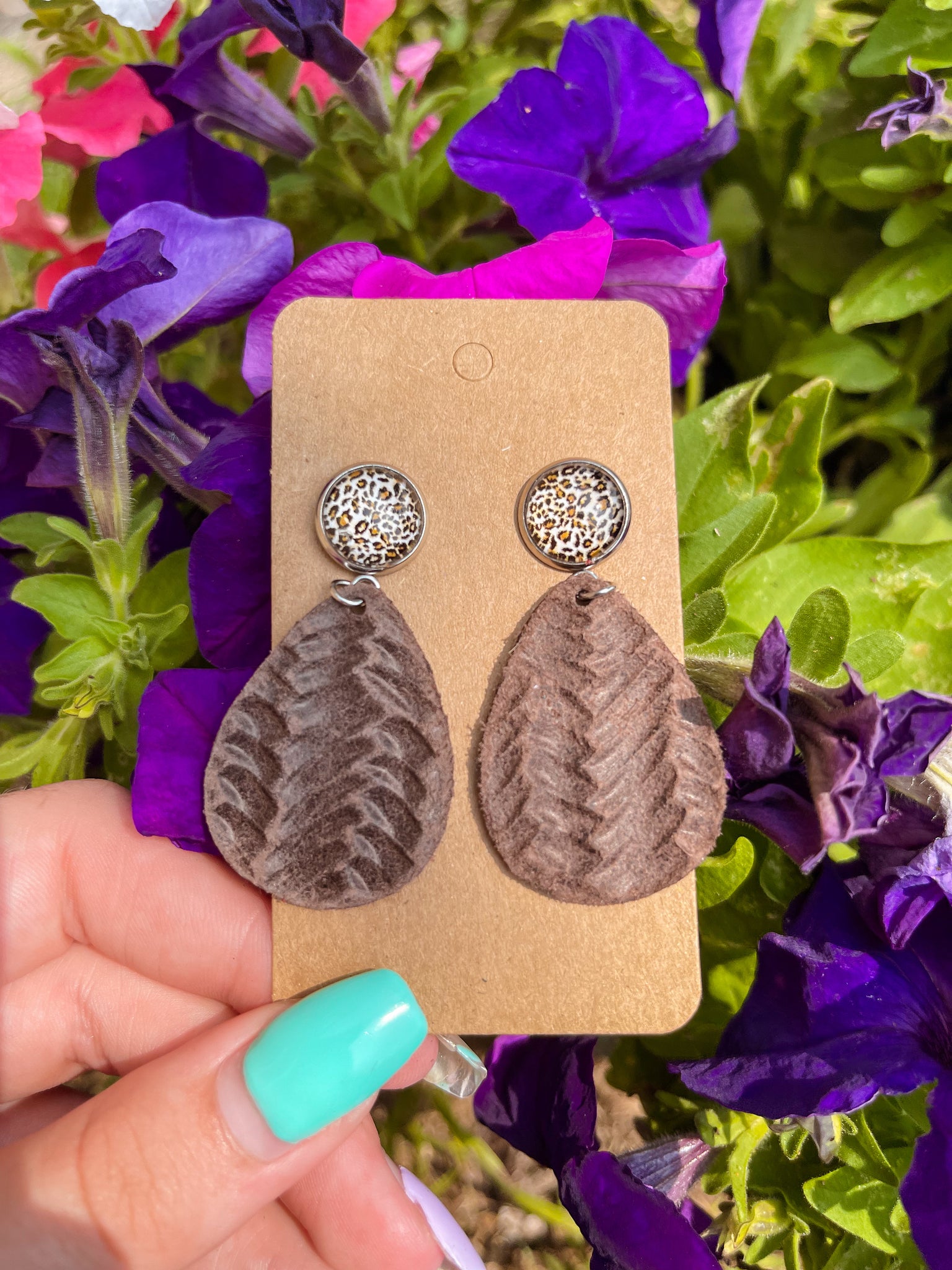 Leopard Stud + Braided Teardrop Earrings || Brown