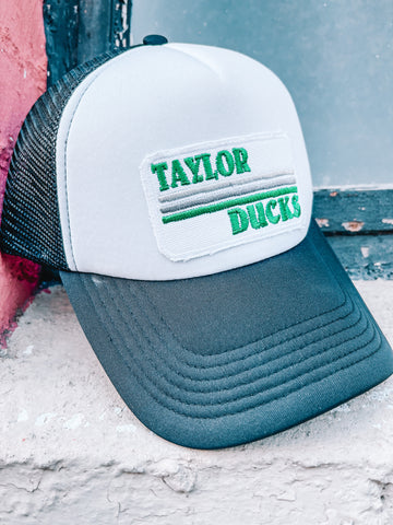 Lucky Spirit Retro Stripe Trucker Hat || Taylor Ducks Kelly Green on Black / White