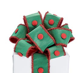 GREEN TEXTURED RIBBON WITH RED BUTTONS AND TINSEL WIRED EDGE 2.5"X5YD