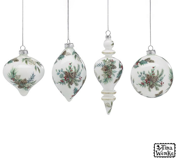 Pinecones & Holly Glass Ornaments