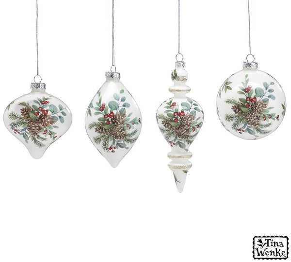 Pinecones & Holly Glass Ornaments