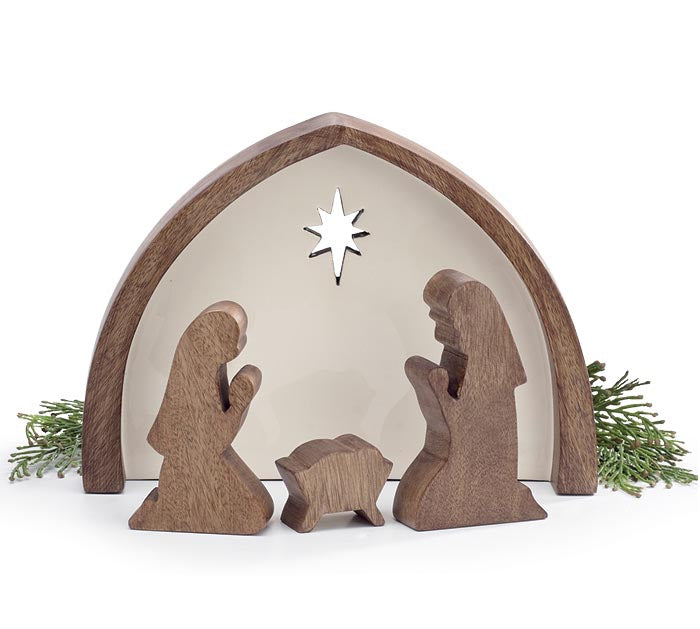 WOODEN 4 pc HOLY FAMILY SCENE