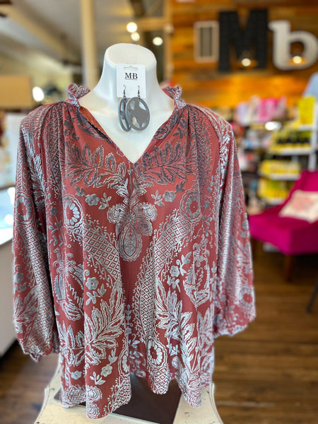 Melody Damask Print Top || Dusty Rose