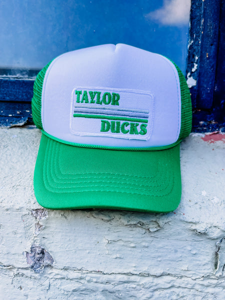 Lucky Spirit Retro Stripe Trucker Hat || Taylor Ducks Kelly Green on Kelly Green / White