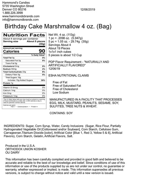 Handmade All-Natural Marshmallows - Birthday Cake - 4 oz Bag