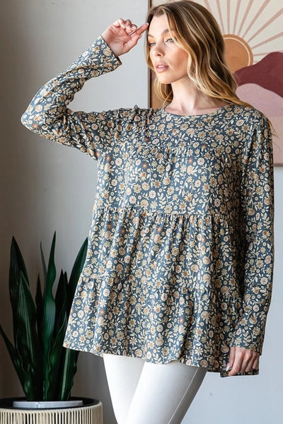 Christi Floral Round Neck Tiered Long Sleeve Top