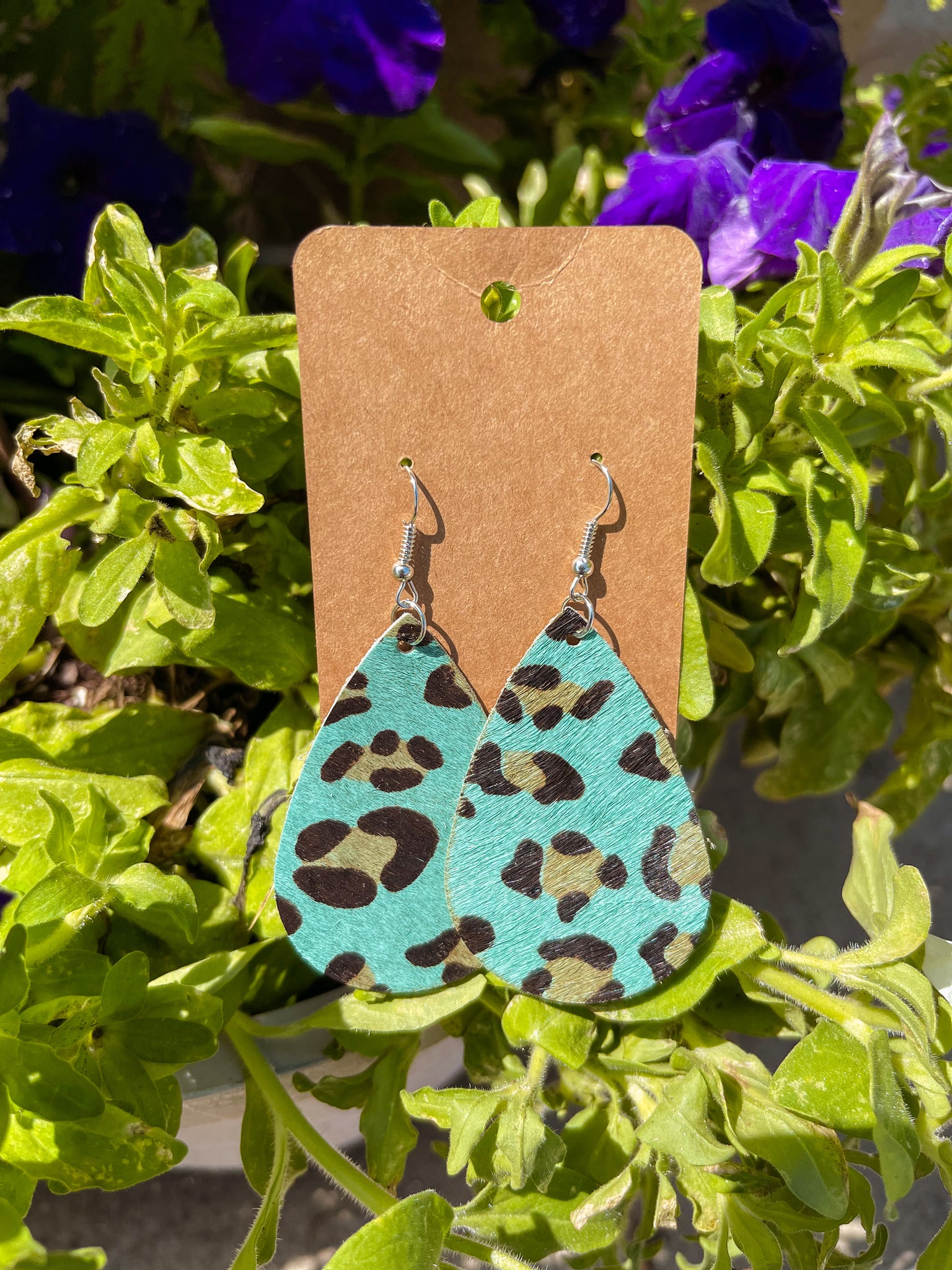 Faux Hide Leopard Tear Drop Earrings || Teal