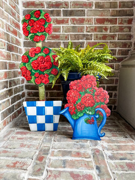 Watering Can with Geraniums Stake