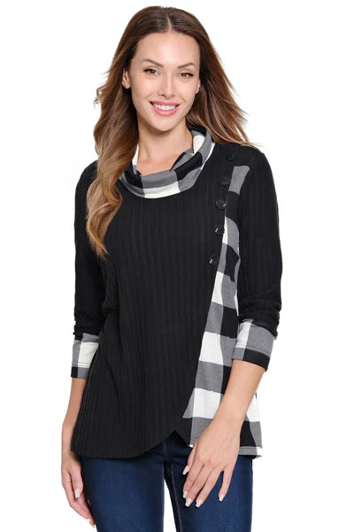 Ali Miles || Angelina Cowl Neck Top - Black/White Plaid