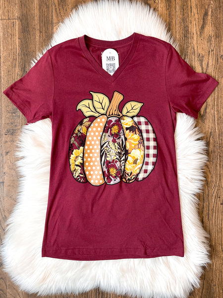 Floral & Patterned Pumpkin V-Neck Tee
