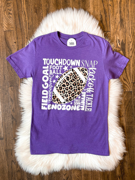 Leopard Football with Scattered Words Tee - Purple