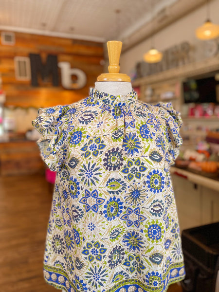 Trina Floral Border Print Top || Blue