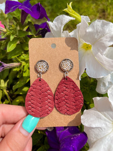 Leopard Stud + Braided Teardrop Earrings ||Maroon