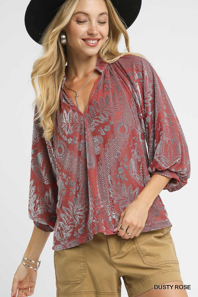 Melody Damask Print Top || Dusty Rose