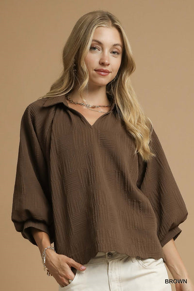 Elaina Brown Textured V-Neck Blouse