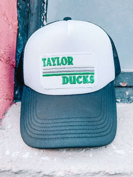 Lucky Spirit Retro Stripe Trucker Hat || Taylor Ducks Kelly Green on Black / White