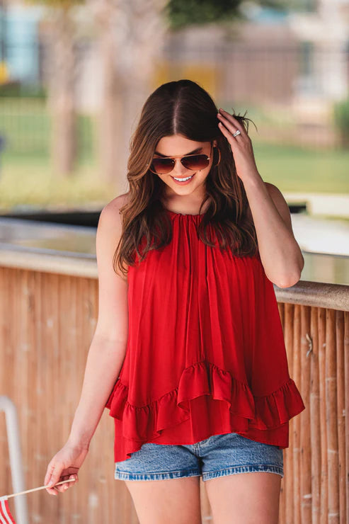 Zoey Ruffle Halter Top || Red