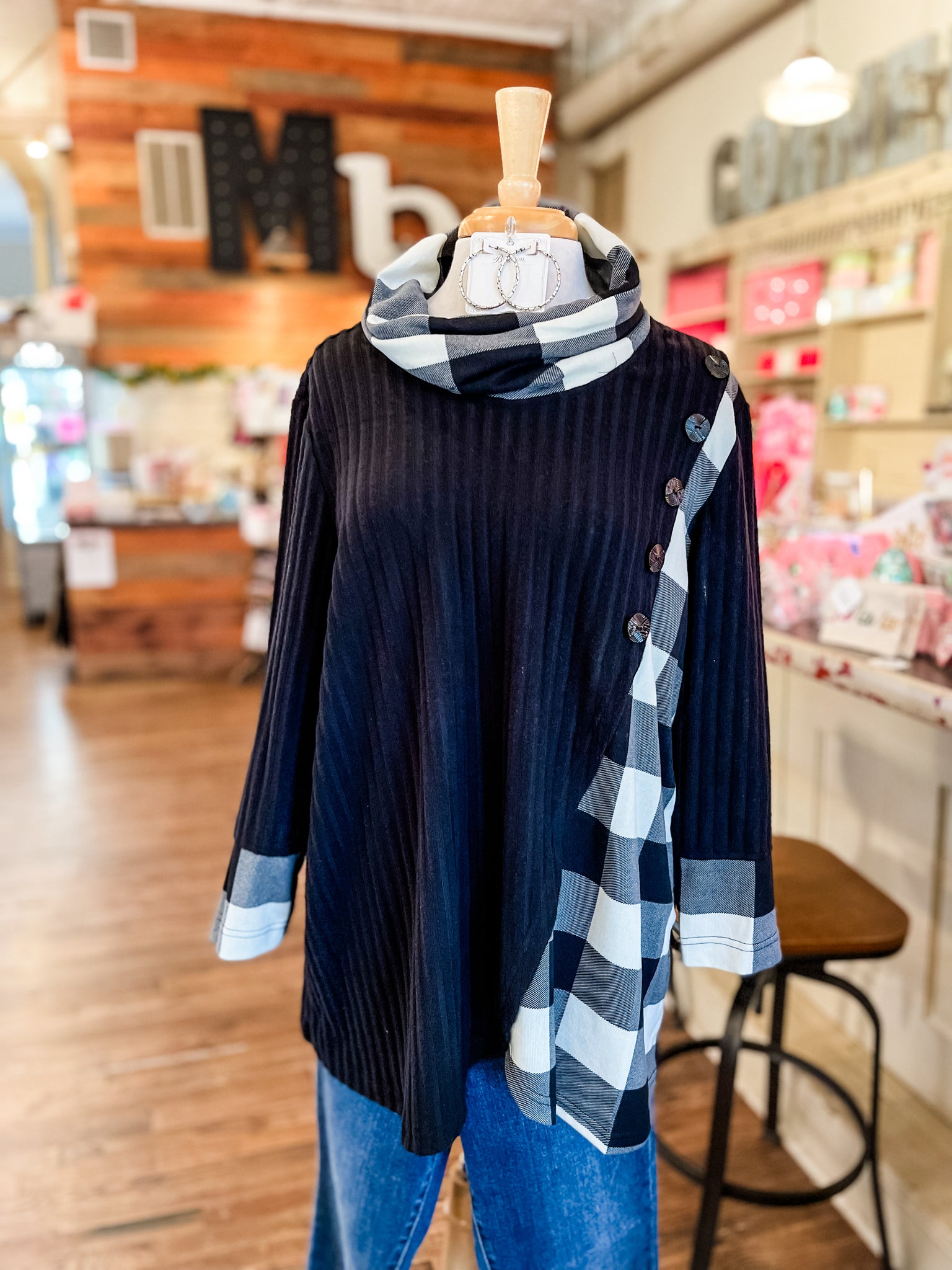 Ali Miles || Angelina Cowl Neck Top - Black/White Plaid